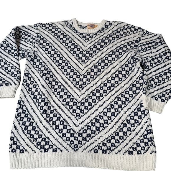 Basco Sportswear Hand Knit 100% Cotton‎ Sweater Navy White Fair Isle Size S